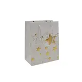 Sacs pelliculés blancs embossés étoiles or poignées cordelette 12+7x15 cm 210g/m² – Paquet de 20