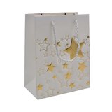 Sacs pelliculés blancs embossés étoiles or poignées cordelette 18+10x23 cm 210g/m² – Paquet de 20