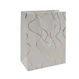 Sacs pelliculés blancs embossés vagues or poignées cordelette 18+10x23 cm 210g/m² – Paquet de 20