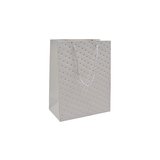 Sacs pelliculés blancs embossés pois or poignées cordelette 12+7x15 cm 210g/m² – Paquet de 20