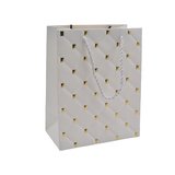 Sacs pelliculés blancs embossés losanges or poignées cordelette 18+10x23 cm 210g/m² – Paquet de 20