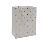 Sacs pelliculés blancs embossés losanges or poignées cordelette 18+10x23 cm 210g/m² – Paquet de 20