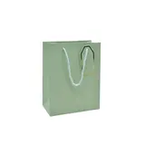 Sac pelliculé vert mat poignées cordelettes 12+7x15 cm 210g/m² – Paquet de 20