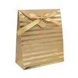 Pochette cadeau papier kraft brun à rayures or avec rabat et ruban satiné 18x8x21cm – Paquet de 20