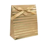 Pochette cadeau papier kraft brun à rayures or avec rabat et ruban satiné 18x8x21cm – Paquet de 20