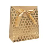 Pochette cadeau papier kraft brun à étoiles or avec rabat et ruban satiné 18x8x21cm – Paquet de 20