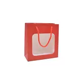 Sac pelliculé rouge mat à fenêtre 18 x 8 x 19 cm poignées cordelettes - Lot de 20