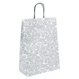Sac cadeau motif floral gris / blanc poignées noires 27 x 12 x 37 cm - Sac cadeau papier - Lot de 50