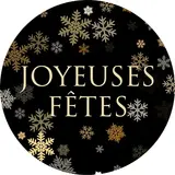 Étiquettes cadeaux adhésives rondes Joyeuses Fêtes flocons noir/or ø65 mm – Paquet de 200