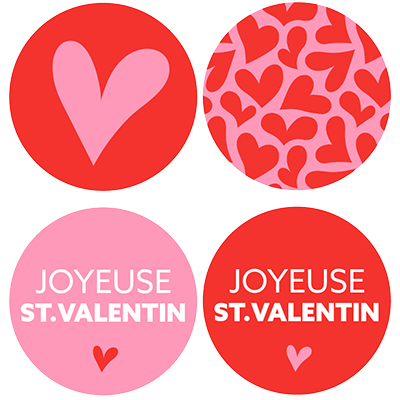 Étiquettes cadeaux adhésives rondes combi Joyeuse St Valentin rose/rouge ø35 mm – Paquet de 500