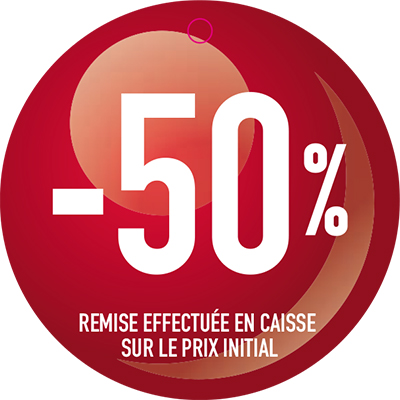 Etiquette ronde -50% ø 50 mm avec trou - Etiquette Soldes - Paquet de 100 - Étiquettes Soldes