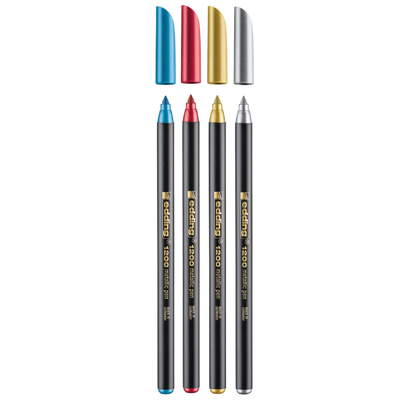 Lot 4 Feutres métalliques or / argent / rouge / bleu, pointe ogive 1 à 3 mm.  - Stylos feutres