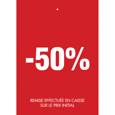 Etiquette à trou -50% rouge blanc 50x70mm - Etiquette soldes - Lot de 250 - Étiquettes Soldes