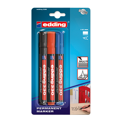 3 Marqueurs indélébile Edding 330 – bleu, noir, rouge - Marqueurs-1