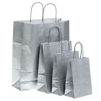 Sac kraft argent à poignées torsadées 18+8x24cm 100g/m² (x50) - Sacs kraft métallisés poignées torsadées
