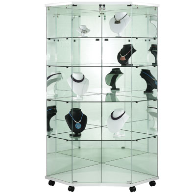 Vitrine d'angle en verre trempé avec fond miroir - Verre transparent - L 82 x P 40 x H 180 cm - Vitrines tablettes fixes