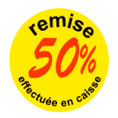 Pastille adhésive 'remise -50%' rond ø 50 mm, Jaune fluo - Sticker promo - Lot de 500 - Gommettes adhésives évènementielles