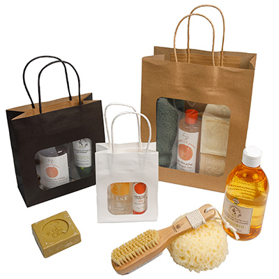 Sac kraft avec fenêtre et poignées torsadées, noir, 17,5 + 7,5 x 18,5 cm, paquet de 20 - Sacs kraft à fenêtre-1