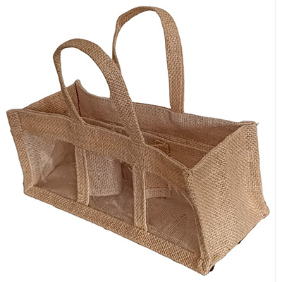 Sac jute 3 pots - Panier jute 3 pots - avec fenêtres 25 + 10 x 10 cm – Paquet de 10 - Sacs jute