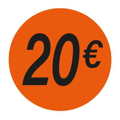 Pastille adhésive '20€' rond ø 36 mm, Orange fluo - Sticker promo - Lot de 500 - Gommettes adhésives évènementielles