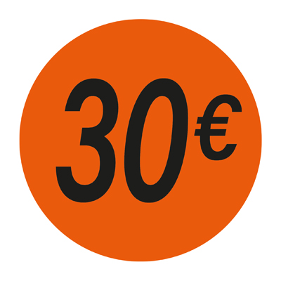 Pastille adhésive '30€' rond ø 36 mm, Orange fluo - Sticker promo - Lot de 500 - Gommettes adhésives évènementielles