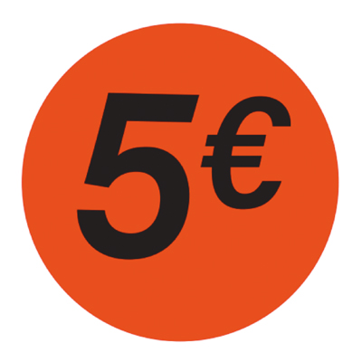 Pastille adhésive '5€' rond ø 36 mm, Orange fluo - Sticker promo - Lot de 500 - Gommettes adhésives évènementielles
