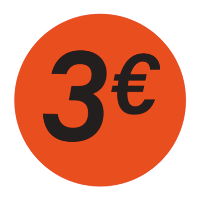 Pastille adhésive '3€' rond ø 36 mm, Orange fluo - Sticker promo - Lot de 500 - Gommettes adhésives évènementielles