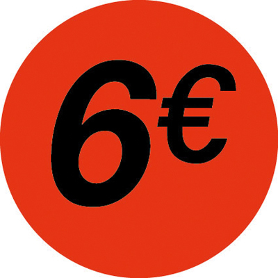 Pastille adhésive '6€' rond ø 36 mm, Orange fluo - Sticker promo - Lot de 500 - Gommettes adhésives évènementielles
