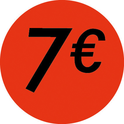 Pastille adhésive '7€' rond ø 36 mm, Orange fluo - Sticker promo - Lot de 500 - Gommettes adhésives évènementielles