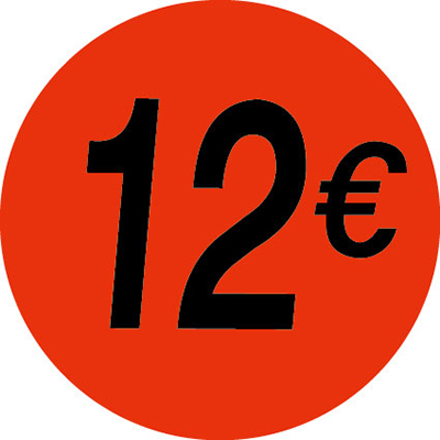 Pastille adhésive '12€' rond ø 36 mm, Orange fluo - Sticker promo - Lot de 500 - Gommettes adhésives évènementielles