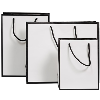 Sac papier luxe pelliculé blanc liseré noir 18 + 10 x H 22 cm - Sac cadeau - Paquet de 20 - Sacs pelliculés poignées cordelette-4