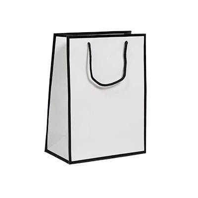 Sac papier luxe pelliculé blanc liseré noir 25 + 13 x H 33 cm - Sac cadeau - Paquet de 20 - Sacs pelliculés poignées cordelette