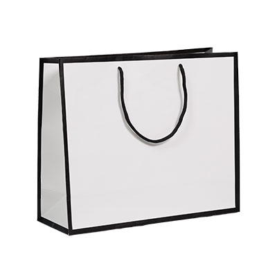 Sac papier luxe pelliculé blanc liseré noir 36 + 13 x H 30 cm - Sac cadeau - Paquet de 20 - Sacs pelliculés poignées cordelette