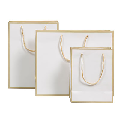 Sac papier luxe pelliculé blanc liseré or 18 + 10 x H 23 cm - Sac cadeau - Paquet de 20 - Sacs pelliculés poignées cordelette-1