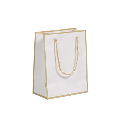 Sac papier luxe pelliculé blanc liseré or 18 + 10 x H 23 cm - Sac cadeau - Paquet de 20 - Sacs pelliculés poignées cordelette