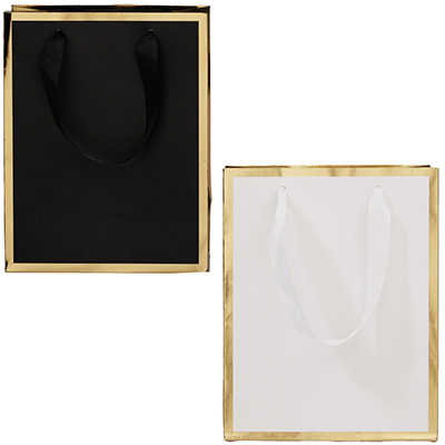 Sac cadeau premium pelliculé noir liseré or 18 + 10 x H 22 cm - Sac papier luxe - Paquet de 20 - Sacs pelliculés unis, poignées ruban-1