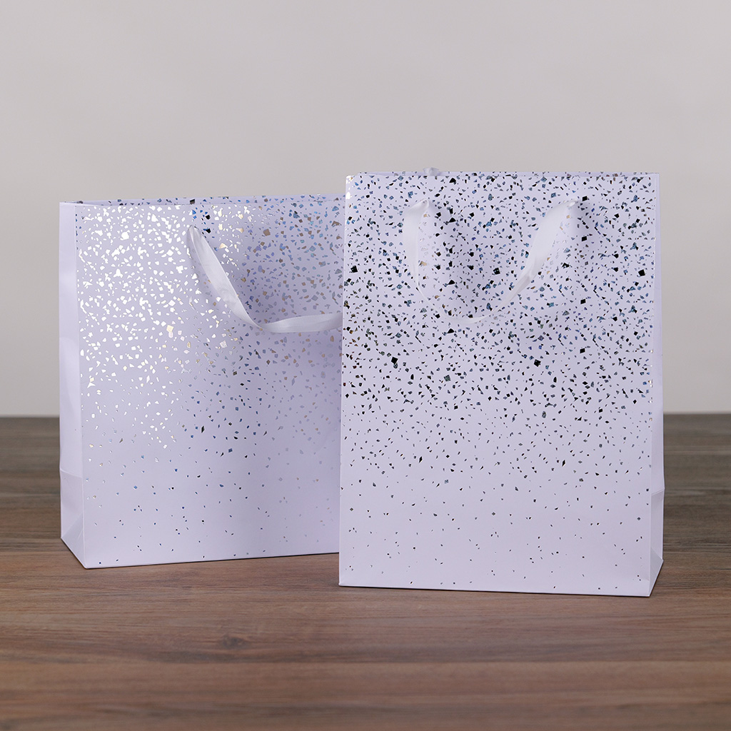 Sac cadeau pelliculé Terrazzo blanc / or / argent irisé 25 + 13 x H 33 cm - Paquet de 20 - Sacs pelliculés à motifs-2