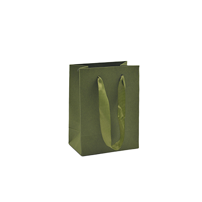 Sacs kraft luxe vert olive poignées ruban satin 11,5 + 7 x 15,5 cm - Paquet de 20 - Sacs kraft luxe