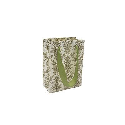 Sac luxe blanc / vert motif baroque et poignées ruban – L 12 x P 6 x H 16 cm – Paquet de 20 - Sacs kraft luxe