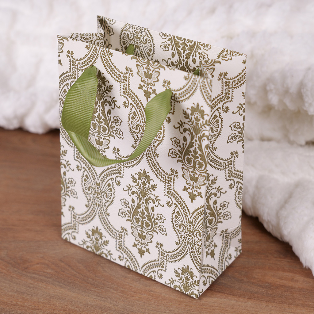Sac luxe blanc / vert motif baroque et poignées ruban – L 12 x P 6 x H 16 cm – Paquet de 20 - Sacs kraft luxe-2