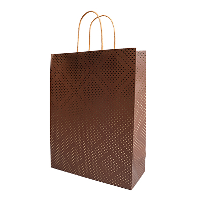 Sac cadeau kraft poignées torsadées marron à pois or 24 + 10 x 31 cm - Paquet de 20 - Sacs kraft luxe