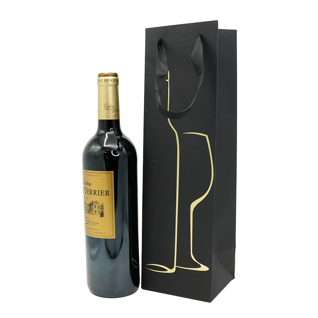 Sac 1 bouteille Noir/Or ruban satiné 9,5x9x38,5cm - Paquet de 20 - Sacs pour bouteilles de vin-2