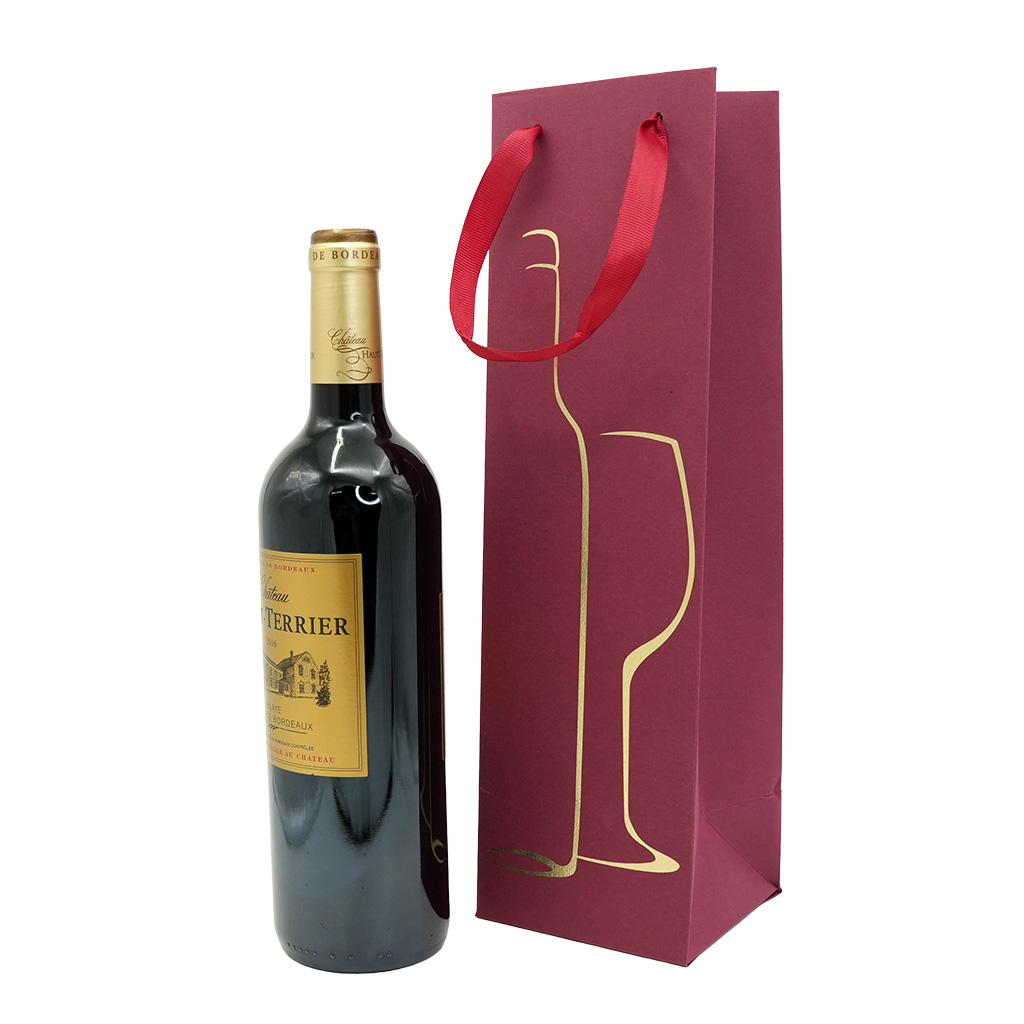 Sac 1 bouteille bordeaux/or poignées ruban bordeaux 9,5x9x38,5cm – Paquet de 20 - Sacs pour bouteilles de vin-1