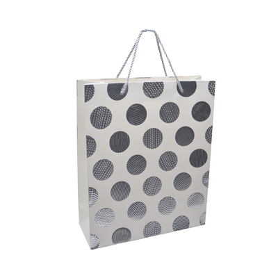 Sac pelliculé blanc pois embossés argent poignées cordelette argentées 26 x 10 x 32 cm – Paquet de 20 - Sacs pelliculés à motifs