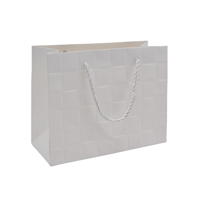 Sacs pelliculés blancs embossés tressés poignées cordelette 23+10x18cm 210g/m² - Paquet de 20 - Sacs pelliculés à motifs