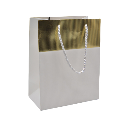 Sacs pelliculés blancs embossés bandeau or poignées cordelette 12+7x15 cm 210g/m² – Paquet de 20 - Sacs pelliculés à motifs