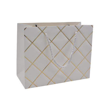 Sacs pelliculés blancs embossés carreaux or poignées cordelette 23+10x18 cm 210g/m² – Paquet de 20 - Sacs pelliculés à motifs