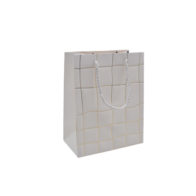 Sacs pelliculés blancs embossés carreaux vagues or poignées cordelette 12+7x15 cm 210g/m² – Paquet de 20 - Sacs pelliculés à motifs