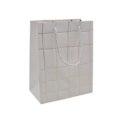 Sacs pelliculés blancs embossés carreaux vagues or poignées cordelette 18+10x23 cm 210g/m² – Paquet de 20 - Sacs pelliculés à motifs