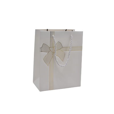 Sacs pelliculés blancs embossés nœud or poignées cordelette 12+7x15 cm 210g/m² – Paquet de 20 - Sacs pelliculés à motifs